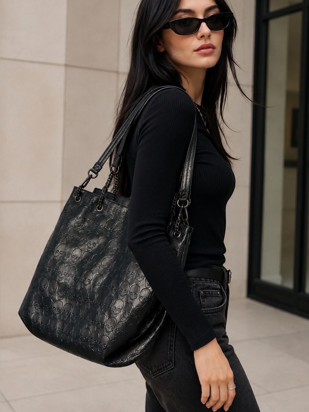 Gothic Skull Embossed Black Tote Bag - Edgy & Chic! Excellent pre-owned cond.